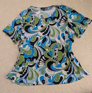 Vibrant Patterned Blouse with Blue and Green Accents